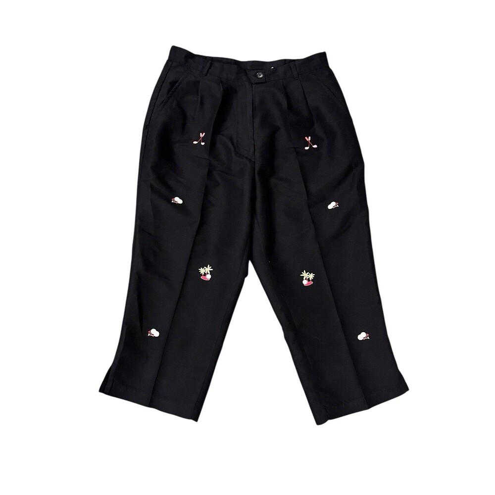 Vintage KT Golf Capri Pants Womens 8 Fits Small Black Golf Embroidery Pleated